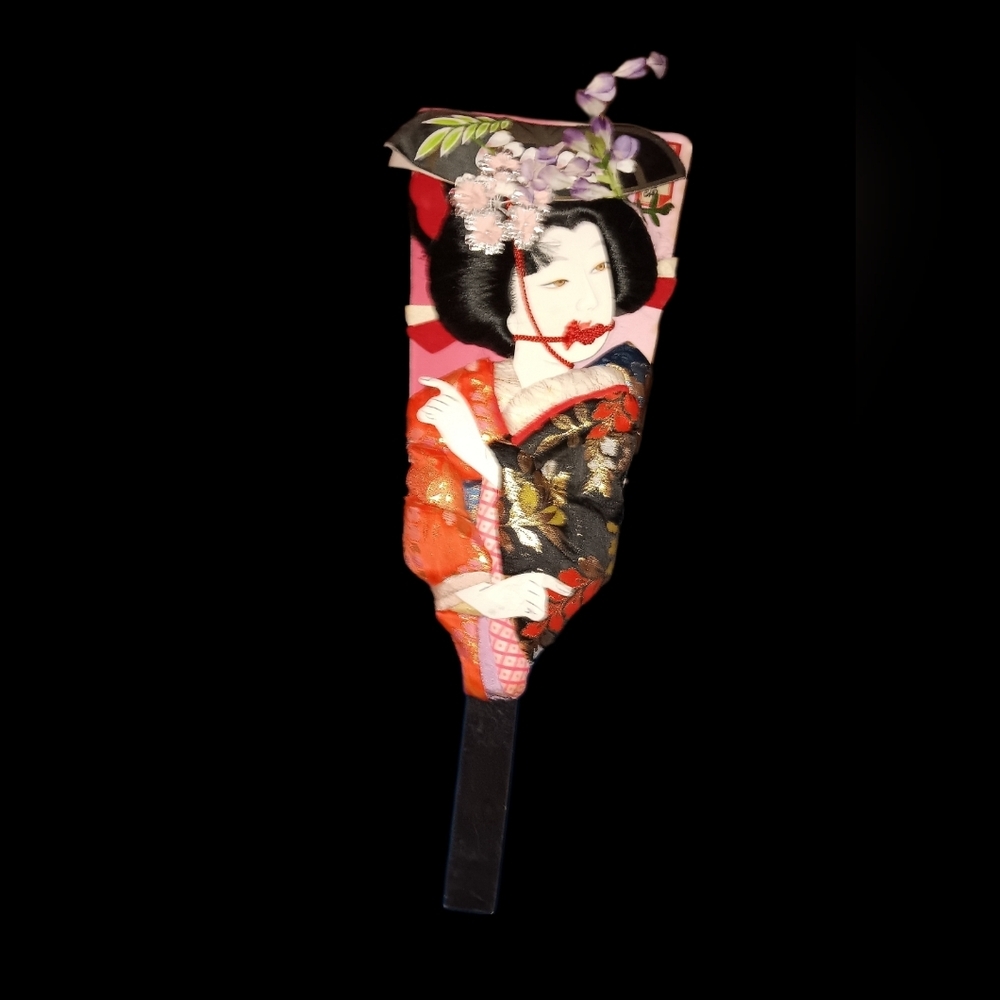 Vintage Japanese Geisha Hagoita Wooden Badminton Paddle Handpainted 17-3/4" Tall